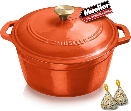 MUELLER HOME 6 Quart Enameled Cast Iron Dutch Oven for Bread Baking, Heavy-Duty Oven-Safe up to 500° F, & Across All Cooktops, House Warming Gifts New Home, Cast Iron Cookware, Gifts for Women, Orange by MUELLERHOME