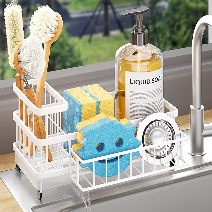 Consumest Sponge Holder for Kitchen Sink - Auto Draining Sink Caddy Organizer with Detachable Rack, High Brush Holder, Kitchen Countertop Storage Accessories, White by Consumest