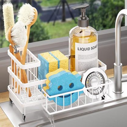 Consumest Sponge Holder for Kitchen Sink - Auto Draining Sink Caddy Organizer with Detachable Rack, High Brush Holder, Kitchen Countertop Storage Accessories, White by Consumest