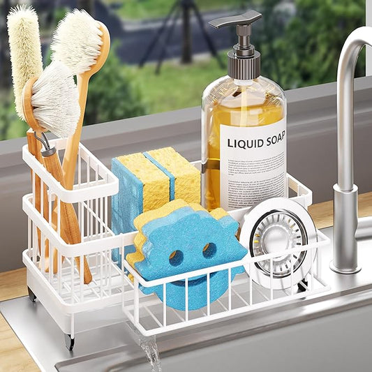 Consumest Sponge Holder for Kitchen Sink - Auto Draining Sink Caddy Organizer with Detachable Rack, High Brush Holder, Kitchen Countertop Storage Accessories, White by Consumest