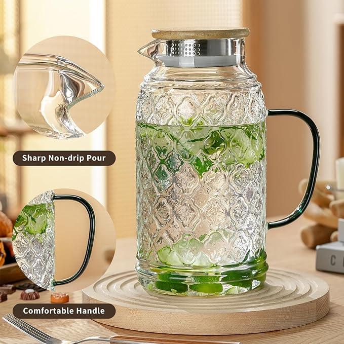 Buaic 2 PACK Glass Pitcher with Bamboo Lid, 68 oz/2L Vintage Water Pitcher, Clear Borosilicate Glass Water Carafe for Cold Brew, Coffee, Lemonade, Iced Sun Tea,Beverage, Heat Resistant Water Glass Jug - Image 3