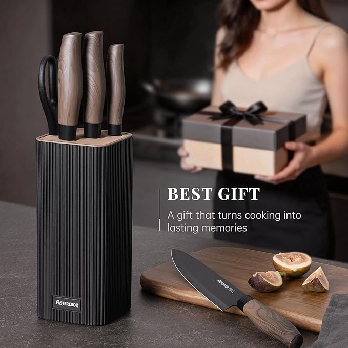 Astercook Knife Set, 6-Piece Kitchen Knife Set with Block, High Carbon Stainless Steel Ultra Sharp Kitchen Knives, Wood Grain Handle, Dishwasher Safe Knife Block Set, Black, Mothers Day Gifts - Image 9