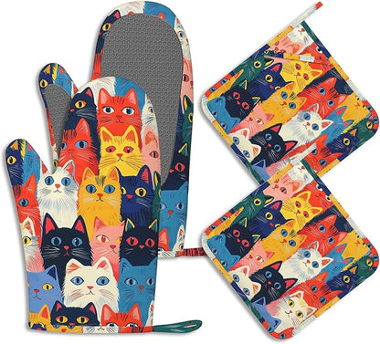 Colourful Cats Oven Mitts and Pot Holders Sets of 4 Cute Animal Heat Resistant Silicone Oven Mits Gloves Non-Slip Kitchen Mittens Potholders for Cooking Baking Grilling BBQ