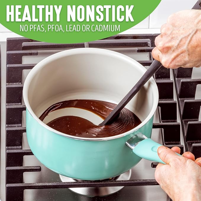 GreenLife Soft Grip Diamond Sandstone Healthy Ceramic Nonstick, 2QT Saucepan Pot with Lid, PFAS-Free, Dishwasher Safe, Turquoise and Cream - Image 2