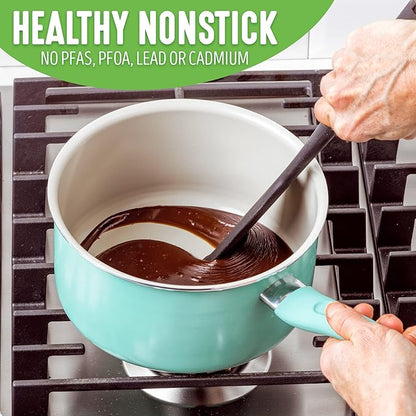 GreenLife Soft Grip Diamond Sandstone Healthy Ceramic Nonstick, 2QT Saucepan Pot with Lid, PFAS-Free, Dishwasher Safe, Turquoise and Cream - Image 2