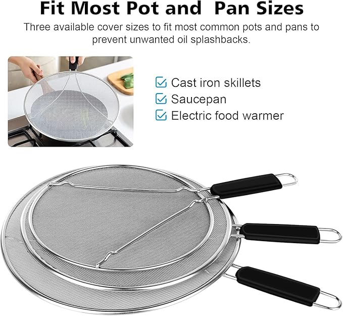 Splatter Screen for Cooking - Stainless Steel Grease Splatter Guard for Frying Pan, Ultra Fine Mesh Lids Set of 3(9.8", 11.4", 13") - Image 3