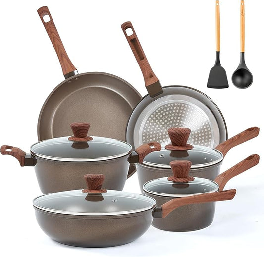 12Pcs Pots and Pans Set, Nonstick Cookware Sets, Non Stick Pots and Pan Set with Frying Pans, Saucepans, Steamer Silicone Shovel Spoon by RATWIA