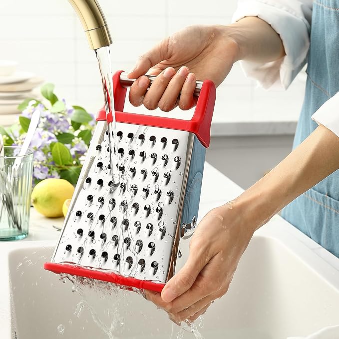 Spring Chef Professional Cheese Grater - Stainless Steel 4 Sided Box Grater for Kitchen, XL Size - Perfect Shredder for Parmesan Cheese, Carrot, Potato, Ginger - Dishwasher Safe - Red - Image 8