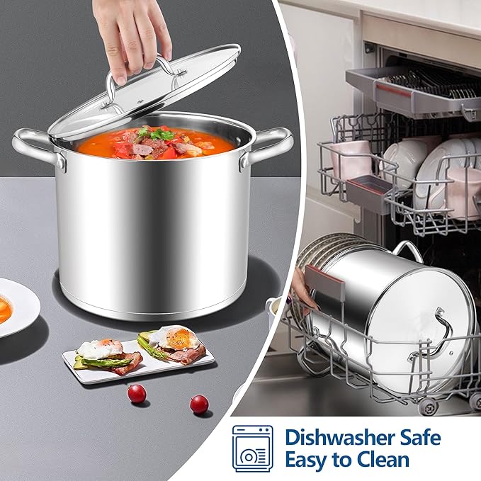 E-far 12 Quart Cooking Stock Pot, Large Stainless Steel Pot for Canning Simmering Stewing, Heavy Duty Cookware with Tri-ply Base for Induction Gas Stoves, Soup Pots with Glass Lid, Dishwasher Safe - Image 7