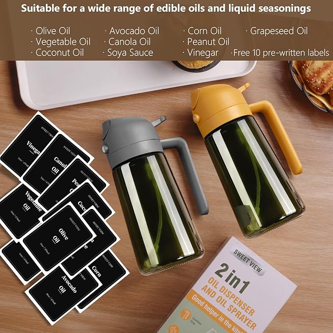 SWEET VIEW 2PCS Olive Oil Dispenser and Oil Sprayer – 16oz/470ml Glass Light-Proof Oil Pourer for Kitchen Air Fryer, Cooking, Salad, and BBQ, with Stickers - Image 7
