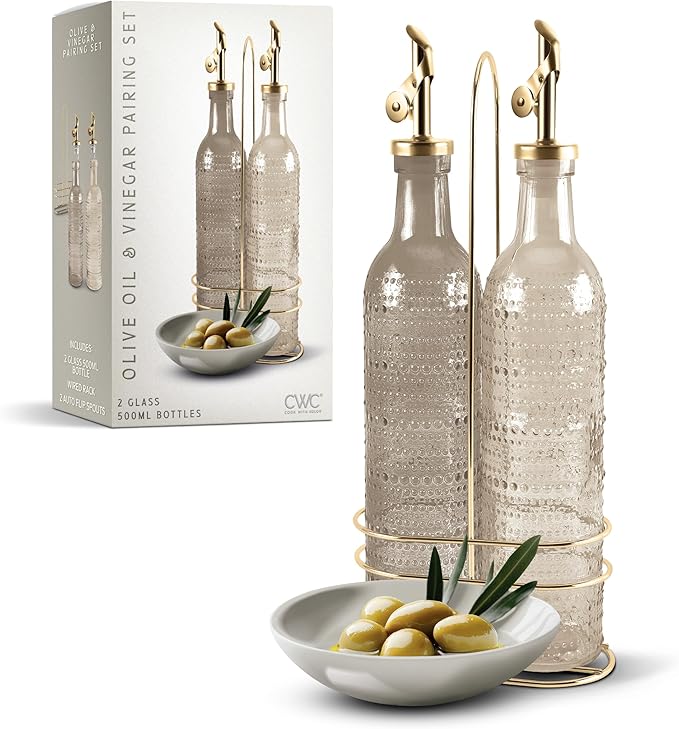 COOK WITH COLOR Glass Olive Oil Bottle Dispenser - 2 Pack- 17oz Oil and Vinegar Cruet - Olive Oil Carafe Decanter for Kitchen, Champagne Bubbles, Brown by CookwithColor