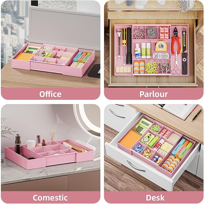 Marbrasse Expandable Desk Drawer Organizer, Clear Plastic Drawer Organizer Tray with 10 Adjustable Compartments, Desk Organizers and Accessories, 5 Drawer Dividers for Office Supplies, Makeup (Pink) - Image 4