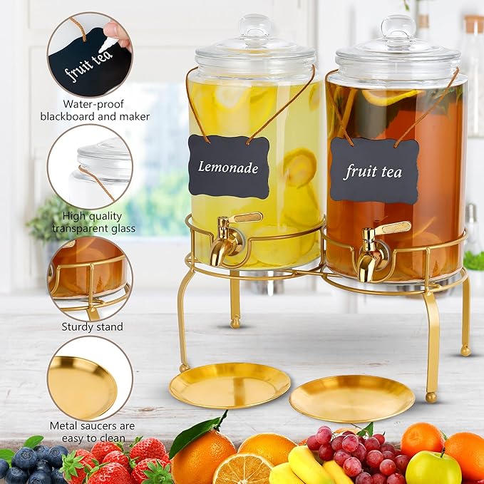 Drink Dispensers for Parties, 2 Pack 1 Gallon Beverage Dispenser with Stand, Drink Dispenser With Glass Lid, juice dispensers for parties - Image 5
