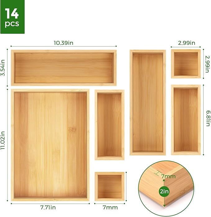 Bamboo Drawer Organizer Set, 14 PCS Multi-Use Individual Wood Storage Organizers, Junk Drawer Divider and Storage Trays Containers for Kitchen, Bathroom, Office Desk, Makeup, Jewelry, Utensils - Image 6