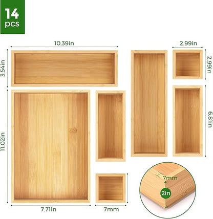 Bamboo Drawer Organizer Set, 14 PCS Multi-Use Individual Wood Storage Organizers, Junk Drawer Divider and Storage Trays Containers for Kitchen, Bathroom, Office Desk, Makeup, Jewelry, Utensils - Image 6