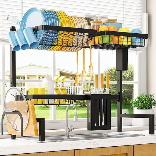Sakugi Dish Drying Rack - Over the Sink Dish Drainer Drying Rack with Utensil & Knife Holder, Hooks, Stainless Steel Kitchen Organizers and Storage Solution, 11" D x 30.5"~34''W x 21.5" H, Black by Sakugi