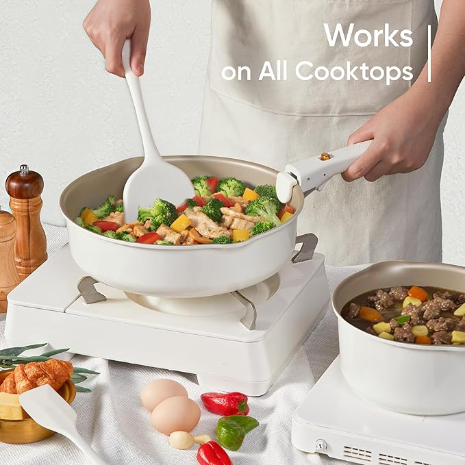 CAROTE 19 Pcs Pots and Pans Set, Nonstick Cookware Sets with Detachable Handle, Titanium Reinforced, Oven Safe, Cookware Non Stick Cooking Set w/Frying Pans & Saucepans White(PFOS, PFOA Free) - Image 6