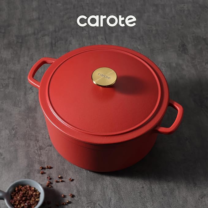 CAROTE 5QT Enameled Cast Iron Dutch Oven Pot with Lid, Heavy-Duty Dutch Oven for Sourdough Bread Baking, Braising, Stews, Roasting, Healthy & Non-Toxic, Dual Handles, All Stovetop Compatible, Oven Safe up to 500° F, Red - Image 5