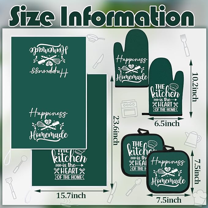 Sratte 6 Pcs Kitchen Decor Accessories Set Farmhouse Towels Pot Holders Oven Mitts Set 2 Dish Towels 2 Potholders 2 Cooking Mittens Oven Glove for Christmas Baking Cooking(Dark Green,Kitchen) - Image 4