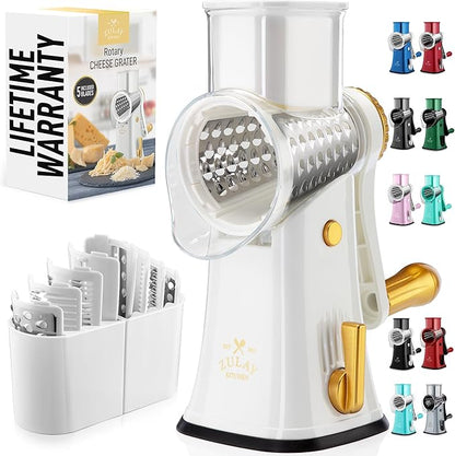Zulay Kitchen Rotary Cheese Grater 5 Blade Cheese Shredder - Manual Hand Crank Cheese Grater With Reinforced Suction & 5 Interchangeable Drums - Easy to Use, Vegetable Chopper Round Mandoline Slicer by ZulayKitchen
