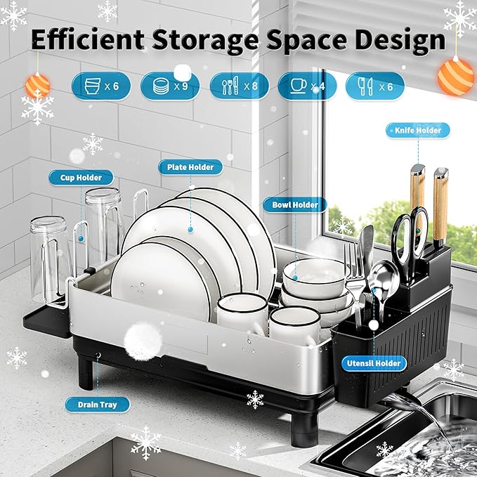 Ewaiira Dish Drying Rack, 304 Stainless Steel Dish Racks for Kitchen Counter, Dish Drainers with Automatic Drainage, Utensil Holder & Cups Holder, Space Saving Kitchen Organizer, Black 16.5''x12.6'' - Image 6