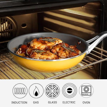 10-Piece Nonstick Ceramic Cookware Set, Non-Toxic Ceramic Coated Aluminum Pots and Pans with Lids, PFAS & PFOA &PTFE Free, Induction Compatible, Healthy Essential Kitchen Set -（Yellow)