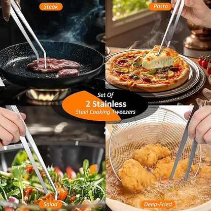 2-Piece Kitchen Tongs Set: Straight & Curved Edge Stainless Steel Non-Slip Grip Tweezers with Non-Slip Grip for BBQ, Grilling Steak & Flipping Pancakes