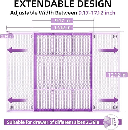 Marbrasse Expandable Desk Drawer Organizer, Mesh Drawer Organizer Tray with 10 Adjustable Compartments, Desk Organizers and Accessories for Office Supplies, Makeup & Vanity (Expandable-Purple) - Image 2