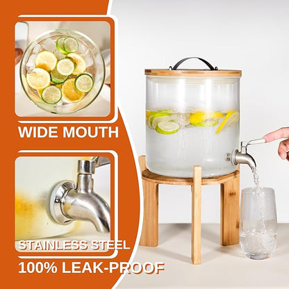 Glass Beverage Dispenser with Bamboo Stand 6.7 In and Lid, Iced 1.5 Gallon Drink Server with Spigot, Large Thick Glass Drink Dispenser for Parties, Hotels, Restaurants, Homes