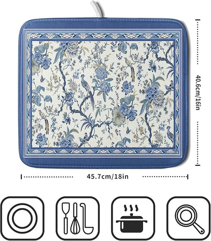 Giwawa Chinoiserie Dish Drying Mat 16x18in Blue White Oriental Floral Birds Kitchen Drainer Mats Porcelain Flowers Reversible Microfiber Dish Drying Pad Small for Countertop Home Decor