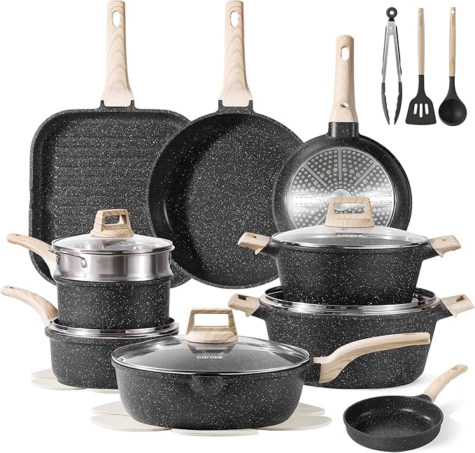 CAROTE 26Pcs Pots and Pans Set, Nonstick Cookware Sets, Granite Induction Cookware Non Stick Cooking Set w/Frying Pans & Saucepans(PFOS, PFOA Free) by CAROTE