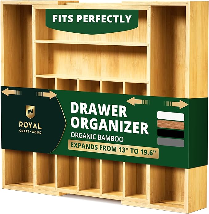 ROYAL CRAFT WOOD Luxury Bamboo Kitchen Drawer Organizer - Silverware Organizer, Utensil Holder & Cutlery Tray Drawer Dividers for Flatware (9 Slot, Natural) by RoyalCraftWood