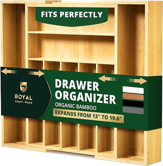 ROYAL CRAFT WOOD Luxury Bamboo Kitchen Drawer Organizer - Silverware Organizer, Utensil Holder & Cutlery Tray Drawer Dividers for Flatware (9 Slot, Natural) by RoyalCraftWood