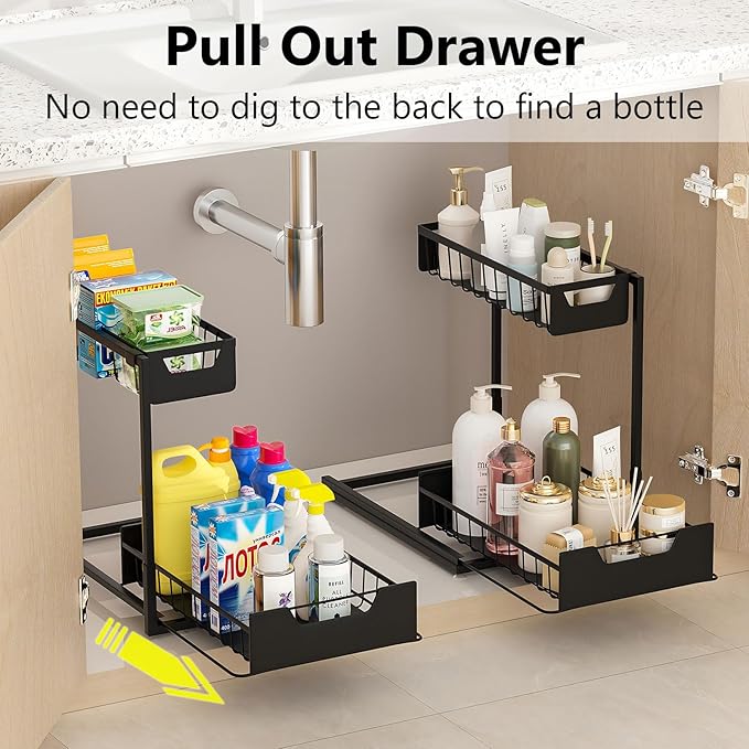 Ceetug Under Kitchen Sink Organizers and Storage Pull Out 2 Tier Metal Bathroom Cabinet Organizer (Black, 2 Pack) - Image 3