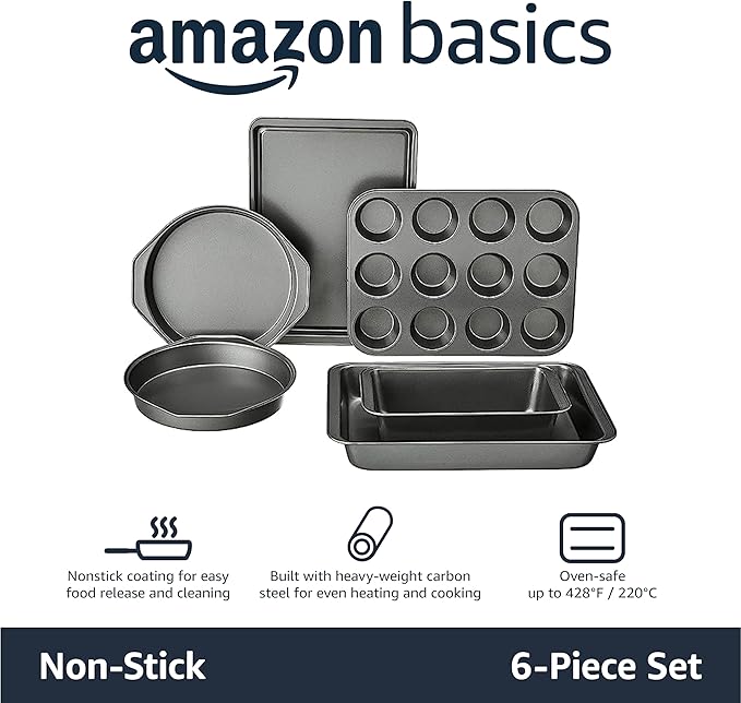 Amazon Basics 6 Piece Nonstick Carbon Steel Bakeware Set with Cake, Muffin, Cookie, and Loaf Pans, Easy Release, Oven Safe, 16.25 x 11.75 x 6.25 inches - Image 2