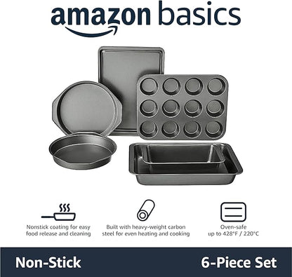 Amazon Basics 6 Piece Nonstick Carbon Steel Bakeware Set with Cake, Muffin, Cookie, and Loaf Pans, Easy Release, Oven Safe, 16.25 x 11.75 x 6.25 inches - Image 2