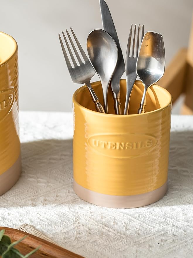 YHOSSEUN Kitchen Utensil Holder Set of 2, Ceramic Utensil Holder for Kitchen Counter, 6.7"+5.1" Cooking Utensil Crocks for Spatula, Oval Opening, Yellow - Image 9