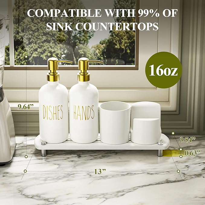 Cisily Kitchen Soap Dispenser Set Comes with Ceramics Sponge Holder, Gold Pumps, and Instant Dry Tray, Hand and Dish Soap Dispenser Set (5, Gold + White + Brush Holder + Sponge Holder) - Image 6