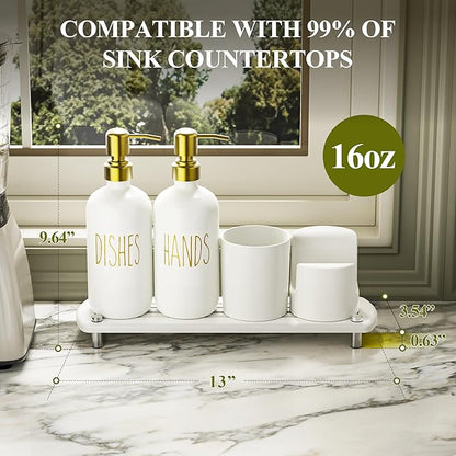 Cisily Kitchen Soap Dispenser Set Comes with Ceramics Sponge Holder, Gold Pumps, and Instant Dry Tray, Hand and Dish Soap Dispenser Set (5, Gold + White + Brush Holder + Sponge Holder) - Image 6