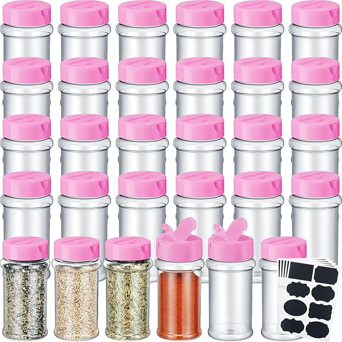 Eccliy 36 Pack 3 oz Clear Plastic Spice Jars with Label and Shaker Lids Empty Spice Bottles Seasoning Containers Seasoning Jars Shaker Condiment Pots for Pepper Herbs Powders (Pink) by Eccliy