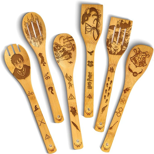 Harry Gifts for All Potter Fans Wooden Spoons for Cooking - 6-Piece Wooden Utensil Set with Spatulas & Spoons, Heat-Resistant, Eco-Friendly Kitchen Utensils for Non-Stick Cookware by WOODLANDSUSA
