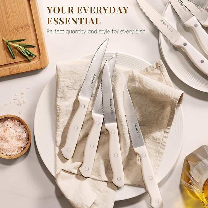 Astercook Steak Knives, Steak Knives Set of 8, High Carbon Stainless Steel Steak Knife Set with Full Tang Handle, Dishwasher Safe Serrated Knife, Elegant Cream White Mothers Day Gifts