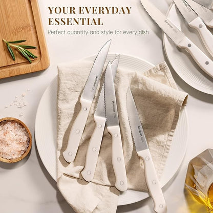 Astercook Steak Knives, Steak Knives Set of 8, High Carbon Stainless Steel Steak Knife Set with Full Tang Handle, Dishwasher Safe Serrated Knife, Elegant Cream White Mothers Day Gifts