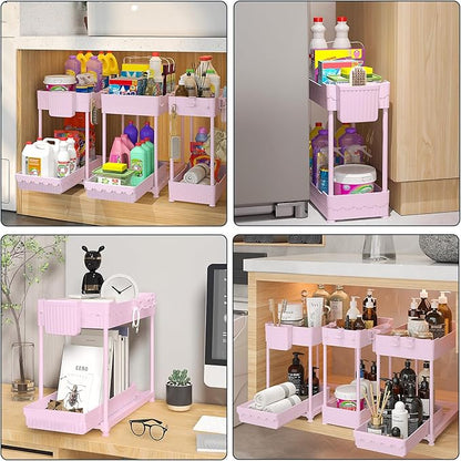 Sevenblue 3 Pack Under Sink Organizers, 2-Tier Multi-Use Kitchen and Bathroom Organizers and Storage with Sliding Drawers, Bathroom Cabinet Organizer (Pink, 12.8 Inch) - Image 6
