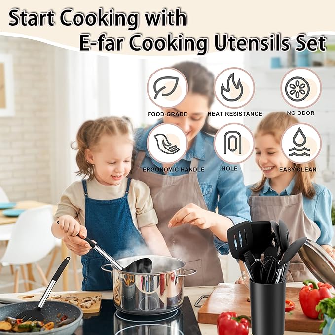Silicone Cooking Utensils Set, E-far 14-Piece Black Kitchen Utensils Set with Holder, Kitchen Tools Spatulas with Stainless Steel Handle for Non-stick Cookware, Heat Resistant & Dishwasher safe - Image 7