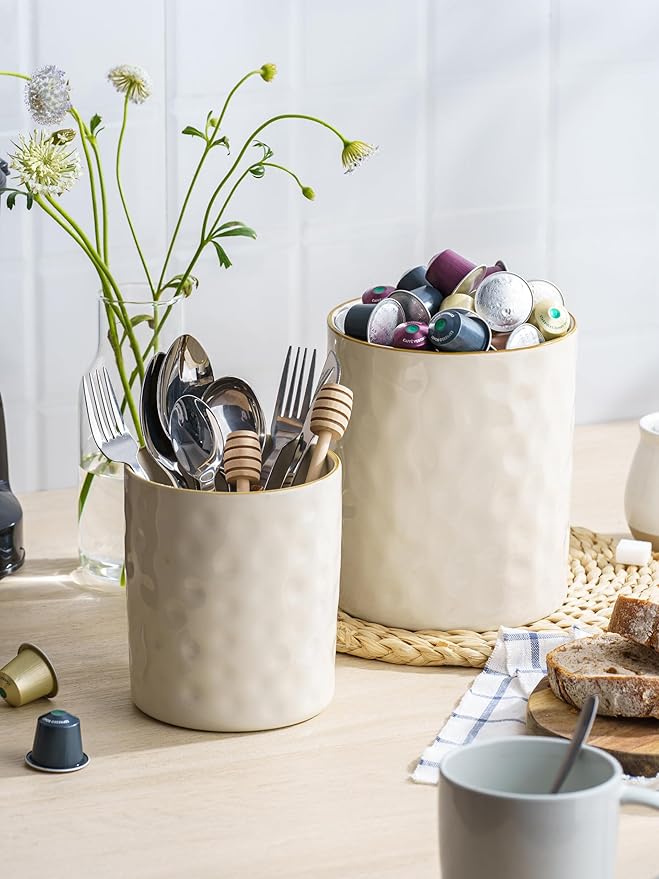 famiware Ocean Utensil Holder, 7.2"+5.8" Ceramic Kitchen Utensil Holder for Countertop, Cooking Utensil Crocks, Utensil Organizer for Spatula & Spoon, Kitchen Decor, Set of 2, Vanilla White - Image 3