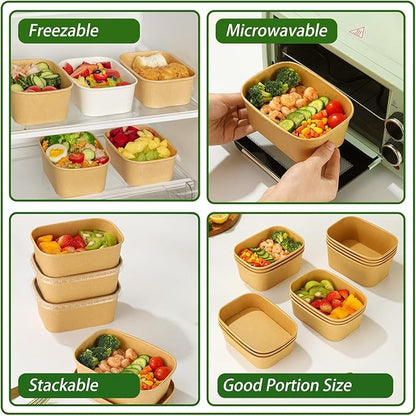 DI QIU REN 50-Pack 25oz Paper Bowls, Disposable Food Containers with Lids and Forks, Cardboard Meal Prep Containers for Diet Salad, Pasta (kraft Paper Rectangular, 25oz 50 Count)