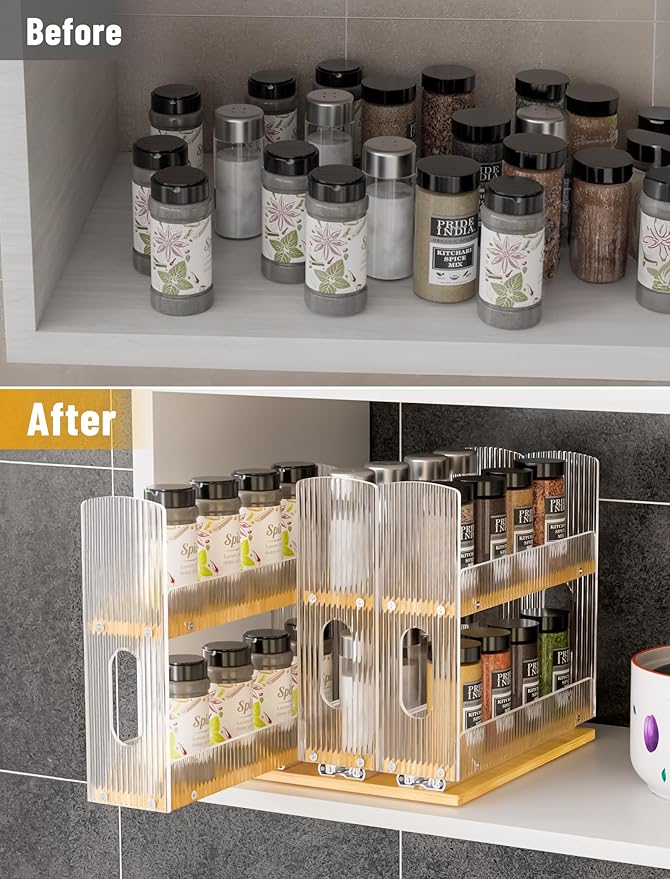 NiHome Bamboo Pull-Out Spice Rack Organizer for Cabinet, 3-Drawer Vertical Slide Out Seasoning Rack Storage Shelf for Kitchen Pantry, Bamboo Frame with Wave-Pattern Acrylic Divider (8.5” Wide, 2-Tier) - Image 2