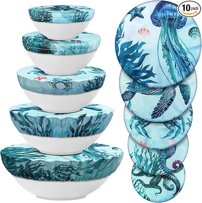 Patelai 10 Pcs Bowl Covers Reusable in 5 Size Stretch Cloth Fabric Elastic Food Storage Bowl Covers Bread Sourdough Lids for Proofing Food Fruits Leftover(Dark Blue,Ocean) by Patelai