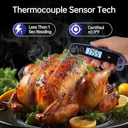 Lonicera Digital Meat Thermometer for Food Cooking. Instant Read Within 1 Sec and ±0.9℉ Accuracy with Thermocouple Sensor. IP67 Waterproof, Auto-Rotating Display, Auto Wake up (Blueberry)